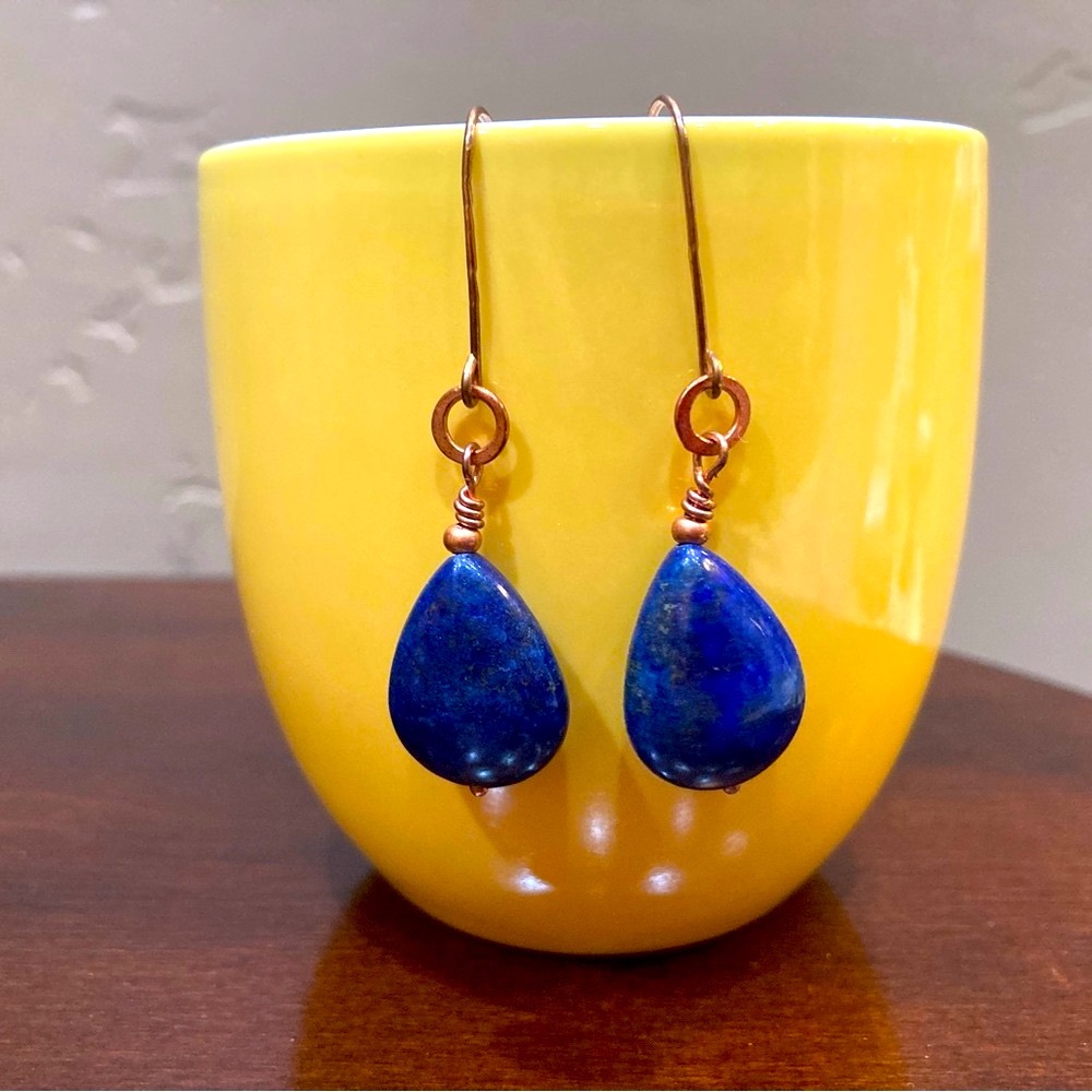 Large Lapis Lazuli Teardrop Briolette Solid Copper Earrings